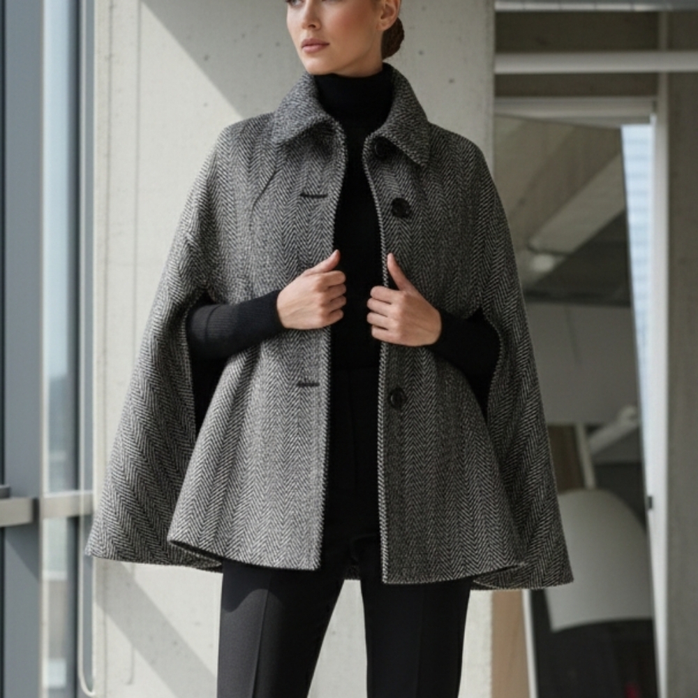 Cejon Cape Coat Tweed Herringbone